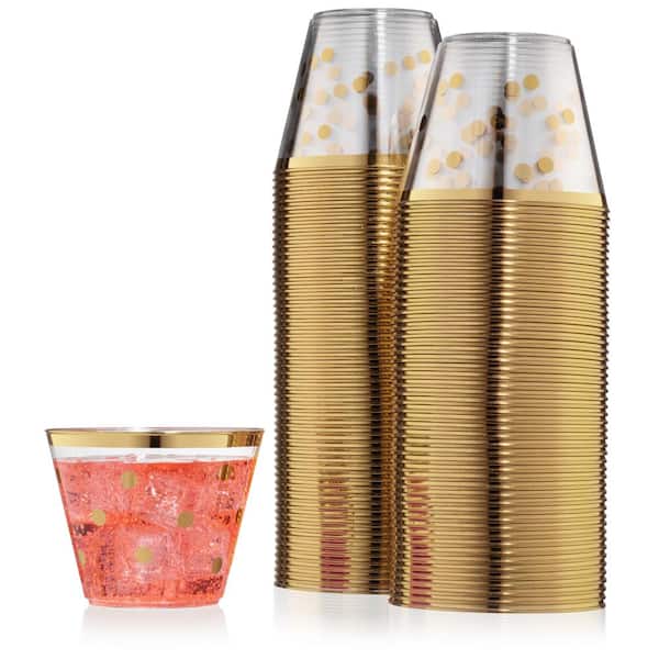 100 Pack 9oz Plastic Cups Gold Glitter with a Gold Rim - Premium