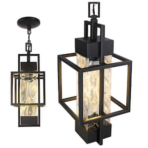 Modern 6W 1 Light 15 in. Black Pendant Light Exterior Hanging Lantern, Indoor Chandelier Fixture with Glass for Porch