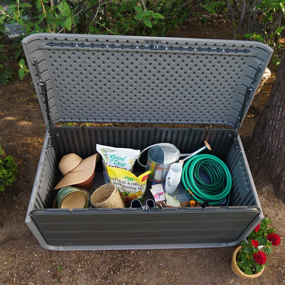 Gray Lockable Plastic Outdoor Storage Deck Box, 136 Gallon