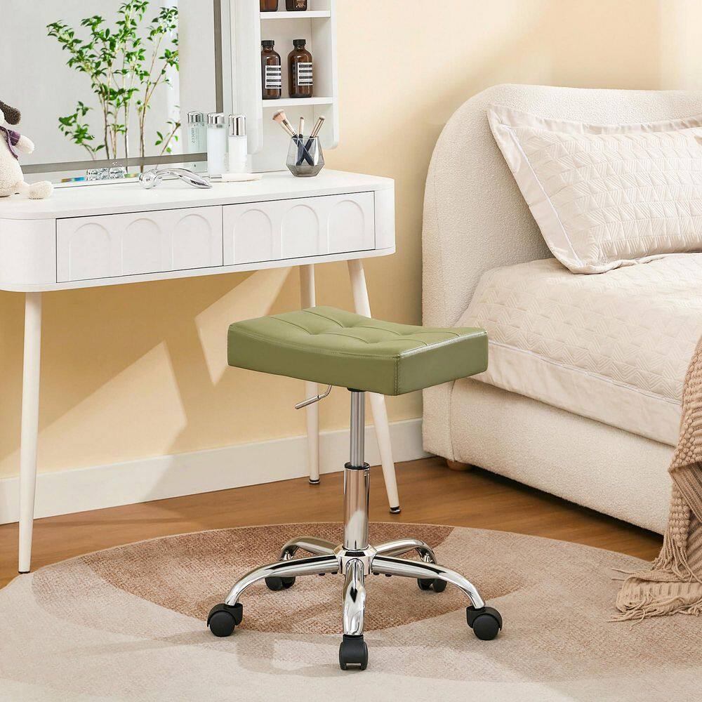 Green Metal Adjustable Height 17-21 in. Tall Makeup Vanity Stool, Quiet Wheels and Sturdy Faux Leather Base