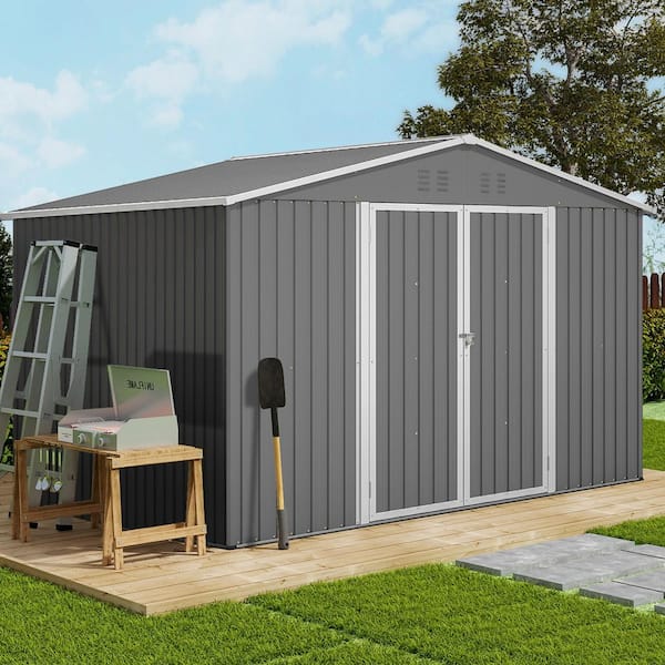 10 ft. W x 8 ft. D Outdoor Metal Storage Shed with Lockable Doors for Garden, Patio, Backyard, Lawn, Grey (73 sq. ft.)