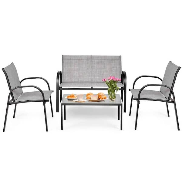Costway Gray 4-Pieces Metal Frame Patio Conversation Furniture, Sofa Black Table, Garden Deck Seating Set