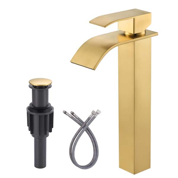 Stainless Steel Single Handle Waterfall Single Hole Bathroom Faucet with Drain Kit and Supply Lines in Gold