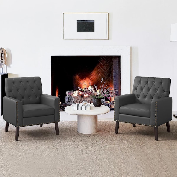 LUE BONA Dark Gray and Walnut Faux Leather Mid Century Modern Button Tufted Accent Chair with Wood Legs (Set of 2)