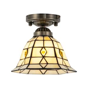 7.87 in. 1-Light Copper Vintage Semi-Flush Mount Ceiling Light with Beige Glass Shade for Hallways, No Bulbs Included