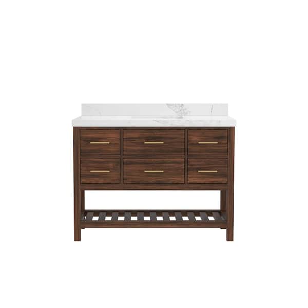Willow Collections Parket Teak 48 in. W x 22 in. D x 36 in. H Single Sink Bath Vanity in Dark Walnut with Calacatta Nuvo Quartz Top