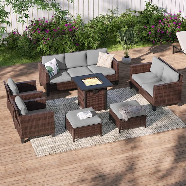 7-Pieces Patio Conversation Set with Square Fire Pit Table and Loveseat Sofa, Brown Wicker with Gray Cushions