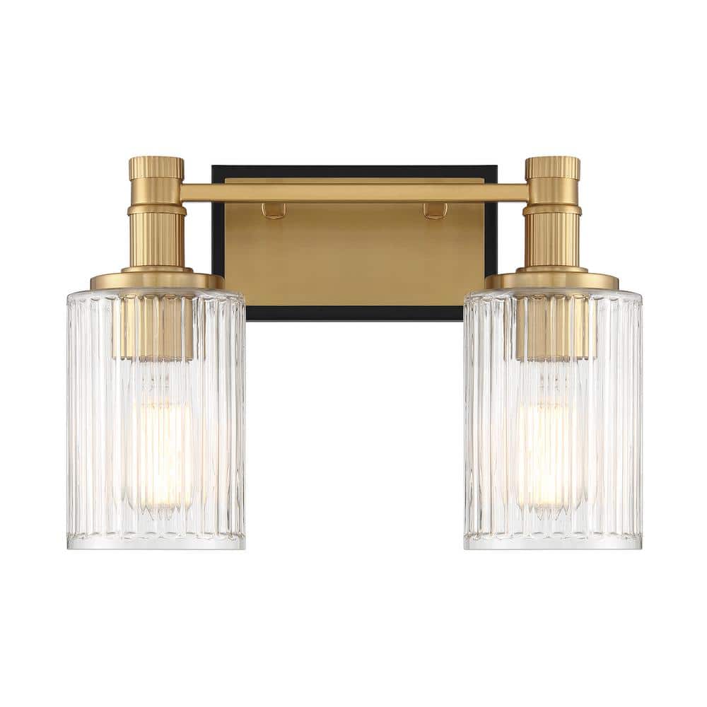 Matte Black and Warm Brass 2-Light Ribbed Glass Vanity Light