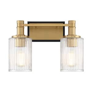 Concord 15 in. 2-Light Matte Black with Warm Brass Accents Vanity Light with Ribbed Glass Shades