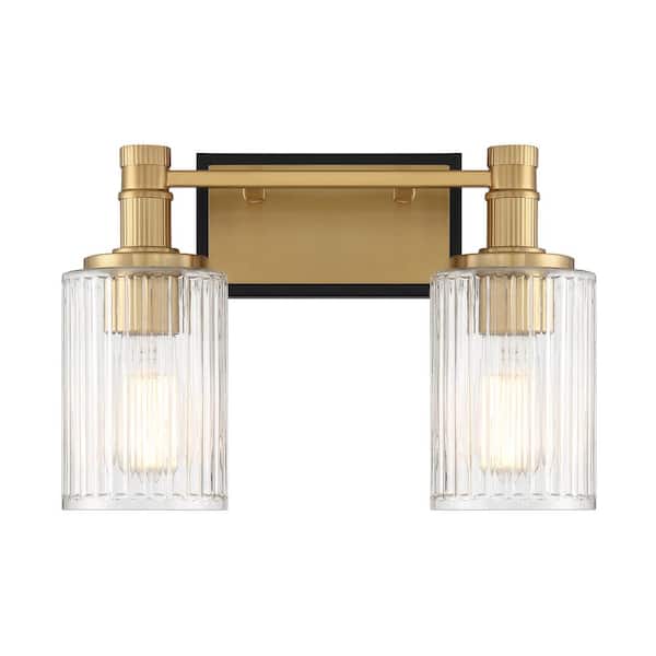 Savoy House Concord 15 in. 2-Light Matte Black with Warm Brass Accents Vanity Light with Ribbed Glass Shades