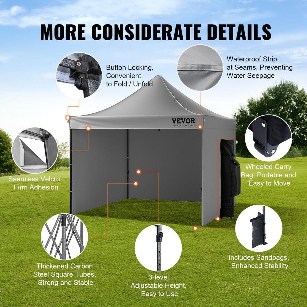 VEVOR 10x10 FT Gray Pop-Up Canopy Tent with Sidewalls