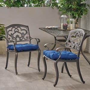 Jake Shiny Copper Removable Cushions Cast Aluminum Outdoor Dining Chair with Navy Cushion (2-Pack)