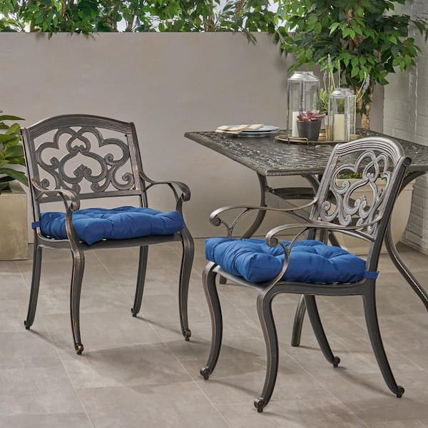 Noble House Jake Shiny Copper Removable Cushions Cast Aluminum Outdoor Patio Dining Chair with Navy Cushion (2-Pack)