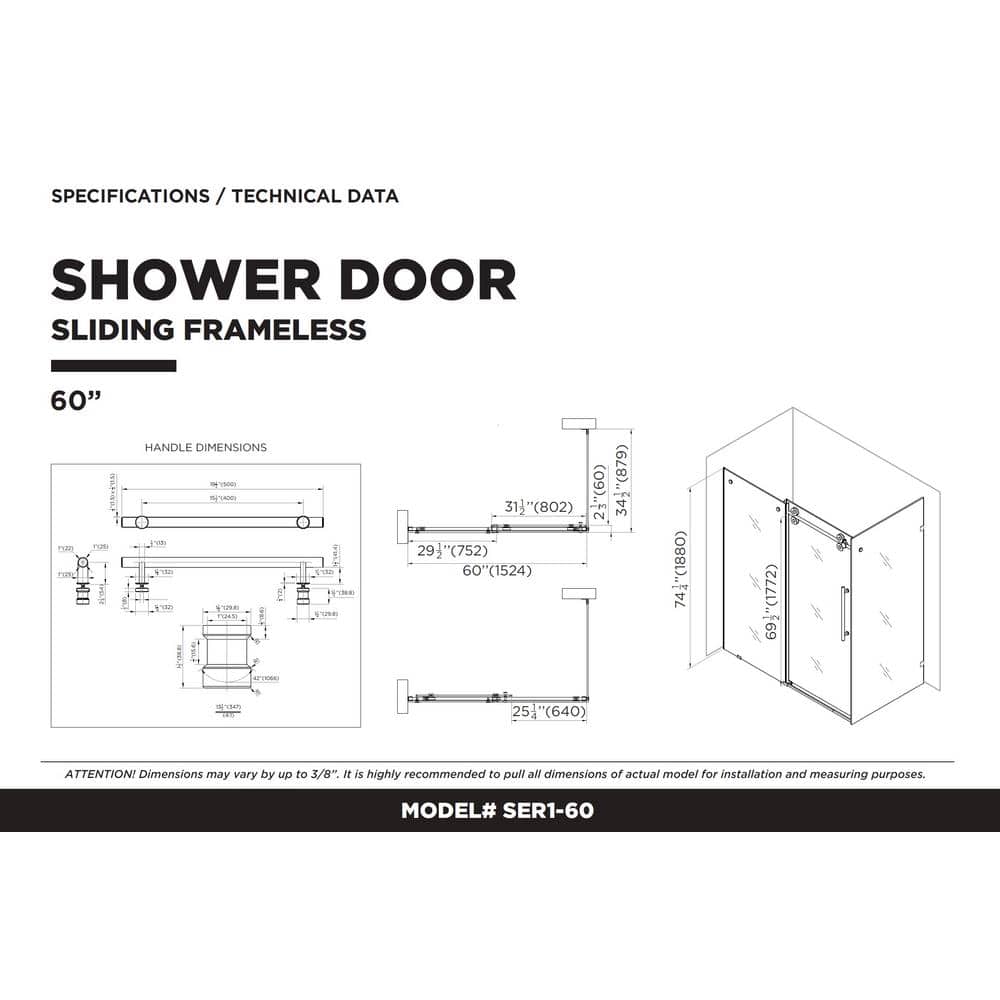 60'' Satin Brass Frameless Sliding Shower Enclosure with Tempered Glass