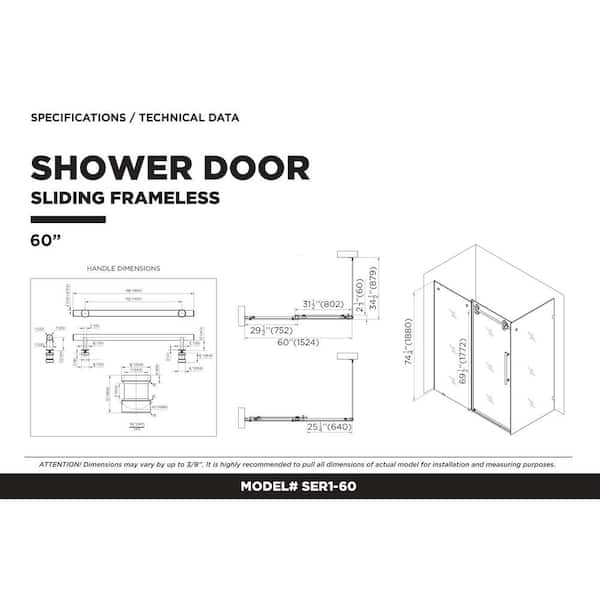 Sartodoors 60 in. W x 74.25 in. H Sliding Frameless Corner Shower