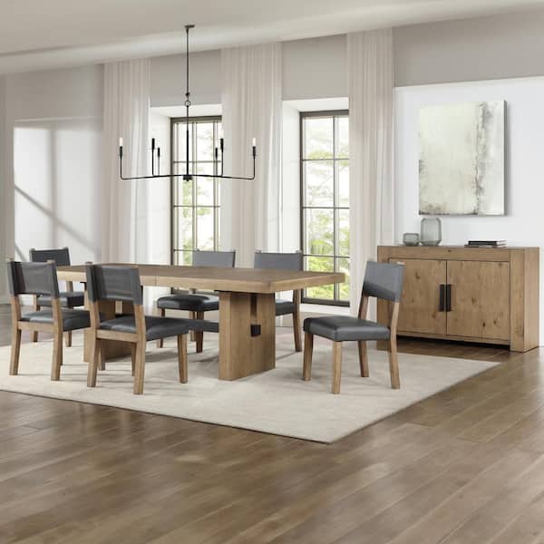 Aubrey 7-Piece 78 in. Brown Wood Dining Room Set with 6-Gray Faux Leather Side Chairs and 18 in. Leaf