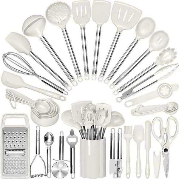 White 34-Piece Silicone Cooking Utensils Set with Stainless Steel Handle for Nonstick Cookware