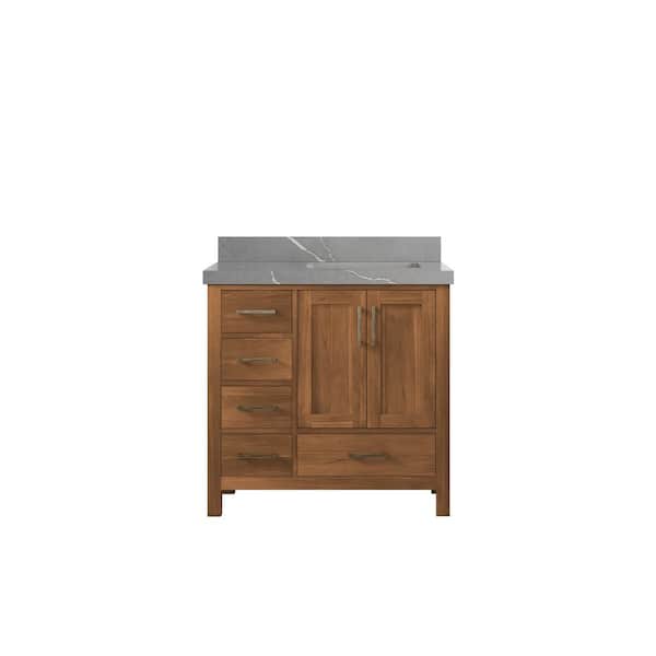 Willow Collections Malibu Teak 36 in. W x 22 in. D x 36 in. H Right Offset Sink Bath Vanity in Gold Teak with 2" Piatra Quartz Top