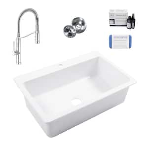 Jackson 33 in. 1-Hole Drop-In Single Bowl Crisp White Fireclay Kitchen Sink with Bruton Chrome Faucet Kit