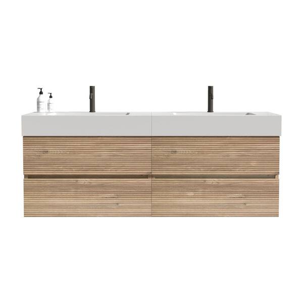 60 in. Wall Mounted Oak Bath Vanity with White solid surface Top Unassembled