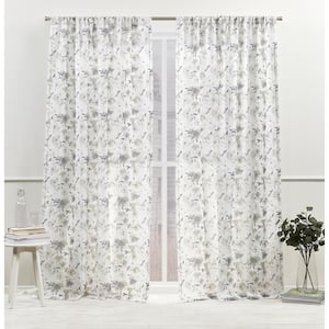Hattie Grey Floral Light Filtering Rod Pocket Curtain, 54 in. W x 84 in. L (Set of 2)