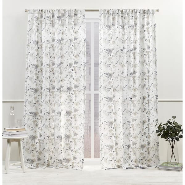 Floral Design 96” L 2 Pc Yellow/Gray/Black Sheer Grommet Window Curtain Panels 