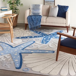 Aloha Blue/Gray 9 ft. x 12 ft. Floral Modern Indoor/Outdoor Patio Area Rug