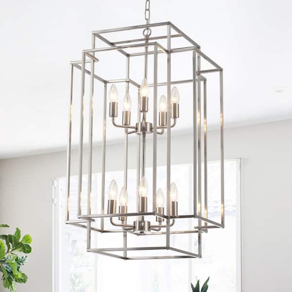 10-Light Nickel Farmhouse Chandelier with Metal Lantern Shade, Candlestick Chandeliers for Dining Room