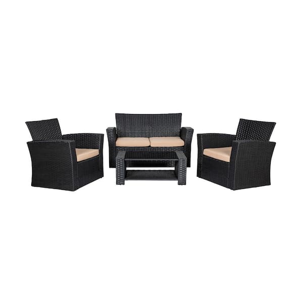 WESTIN OUTDOOR Hudson 4-Piece Black Wicker Outdoor Patio Loveseat and Armchair Conversation Set with Beige Cushions and Coffee Table