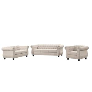 3-Piece Beige Chenille Chesterfield Sofa Couch Luxury Living Room Set with Tufted Button for Home and Office