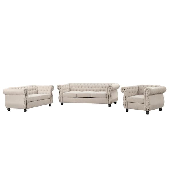 Morden Fort 3-Piece Beige Chenille Chesterfield Sofa Couch Luxury ...