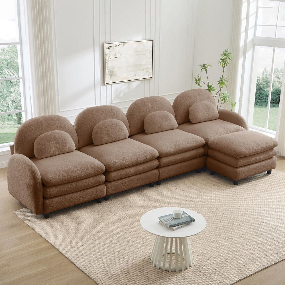 Keaton 129.1 in. Flared Arms Fabric L-Shaped Sectional Sofa in Brown, Curved Backrest, Curved Lumbar Pillows, Ottoman