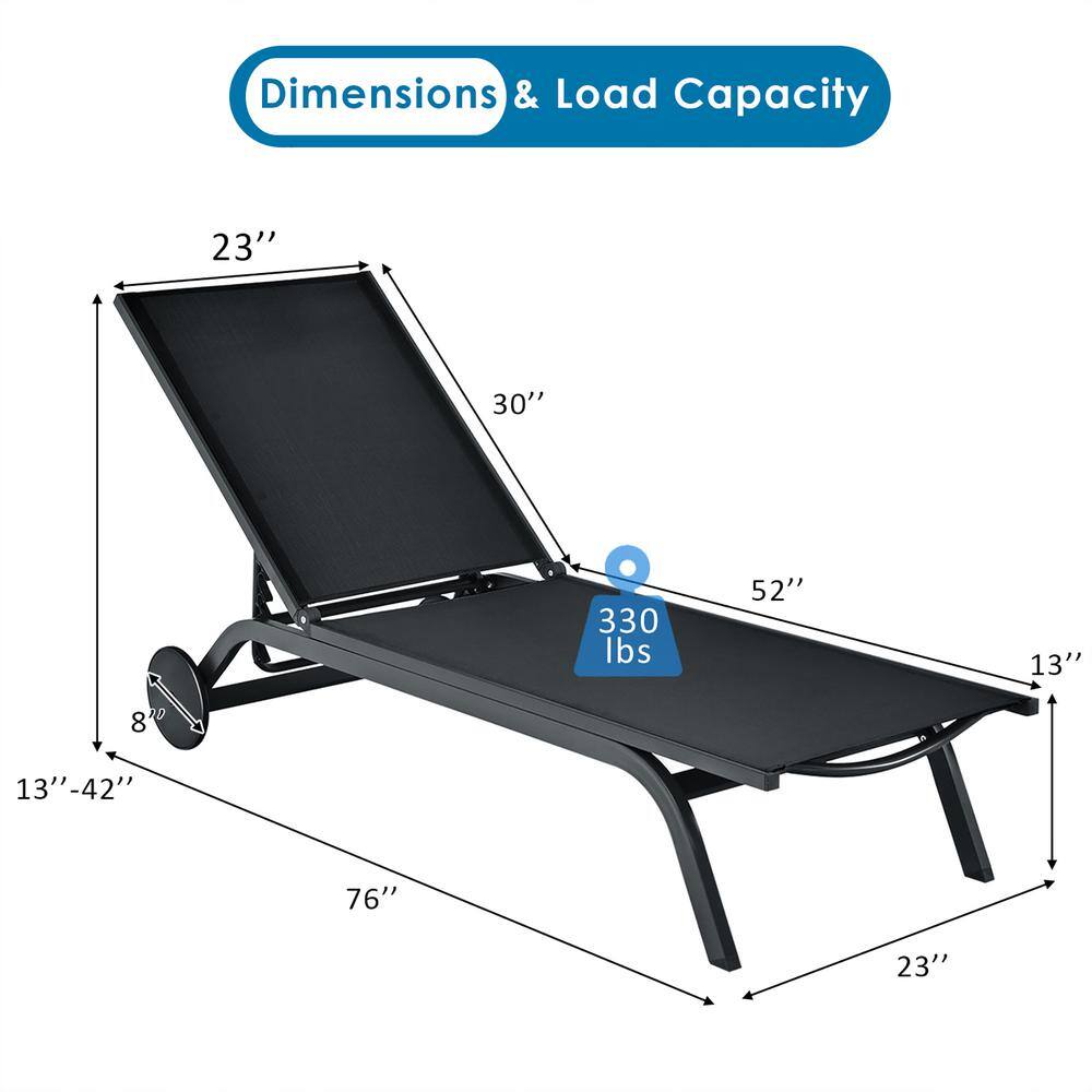 Sleek Black Aluminum Outdoor Chaise Lounge with Adjustable Backrest