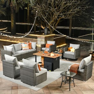 Sanibel Gray 11-Piece Wicker Outdoor Patio Conversation Sofa Set with a Storage Fire Pit and Light Gray Cushions