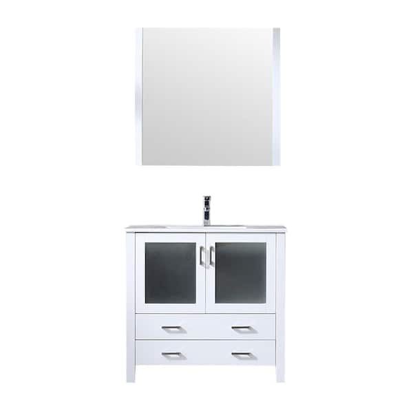 Volez 36 in W x 18 in D White Bath Vanity, Integrated Ceramic Top, Faucet Set and 34 in Mirror