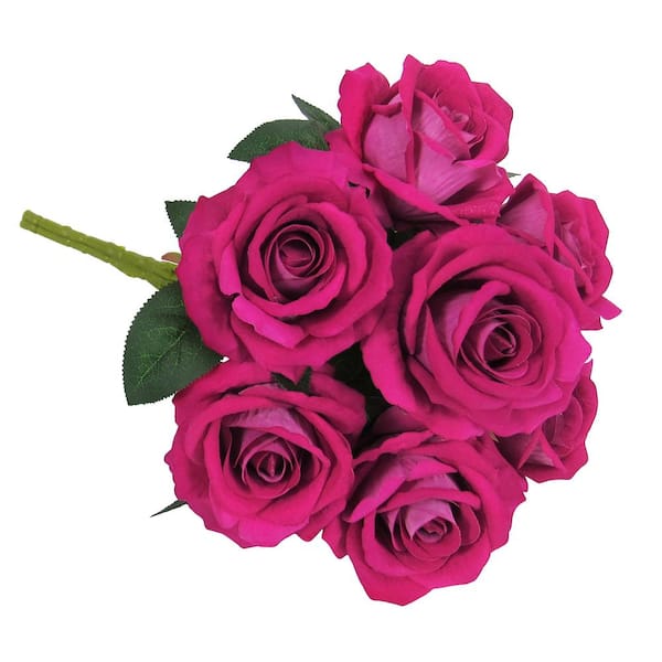 16 in. Hot Pink Artificial Velvet Rose Flower Stem Bush Bouquet (Set of 2)