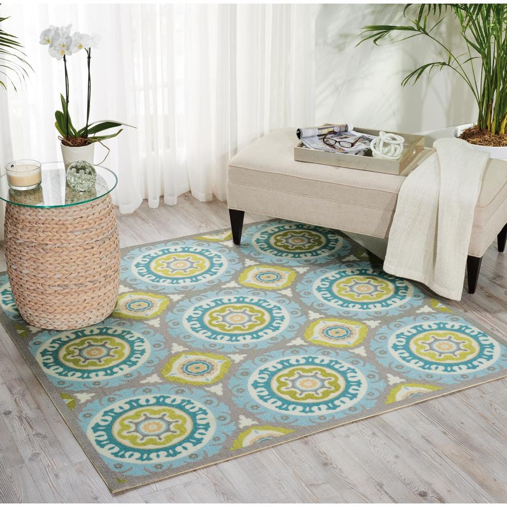 Jade and Aqua Circular Synthetic Outdoor Rug