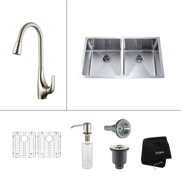 KRAUS All-in-One Undermount Stainless Steel 33 in. Double Bowl Kitchen Sink with Faucet and Accessories in Stainless Steel