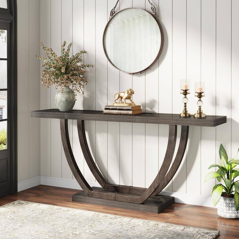 Gray 63-Inch Farmhouse Wood and Metal Console Table with Storage