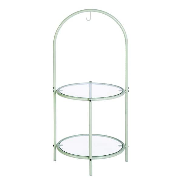 Aoibox 37.40 in. H Mint Green Indoor Glass Top End Table with Storage, Round Multi-Tiered Plant Stand