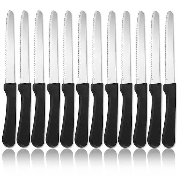 8.85 in. Stainless Steel Partial Tang Serrated Steak Knives with Black Plastic Handles, Set of 12, Dishwasher Safe
