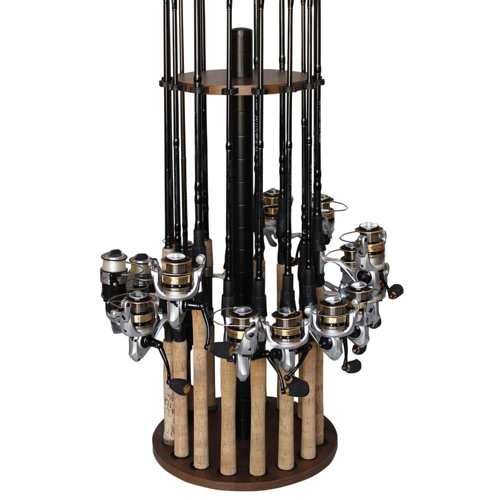 Dark Walnut Freestanding Round Fishing Rod Rack with Steel Post