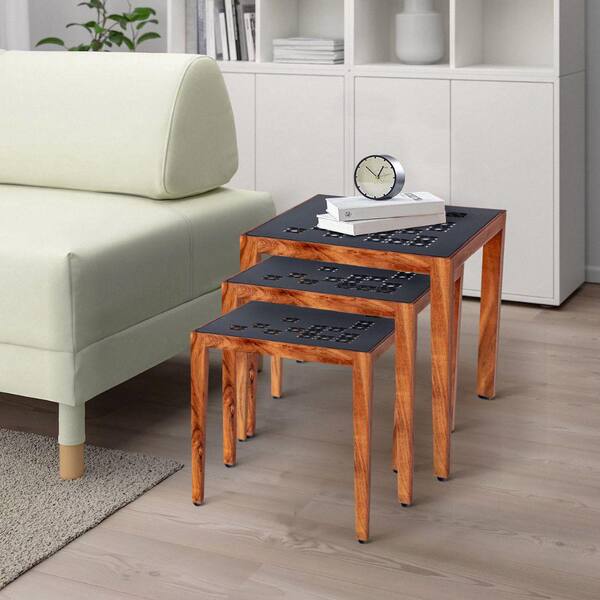 THE URBAN PORT Alba 22 in. Black and Brown Square Metal Top Nesting Table Set with 3-Pieces