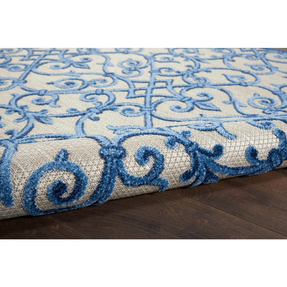 Aloha Contemporary Scroll 5'3" Round Blue/Grey Outdoor Rug