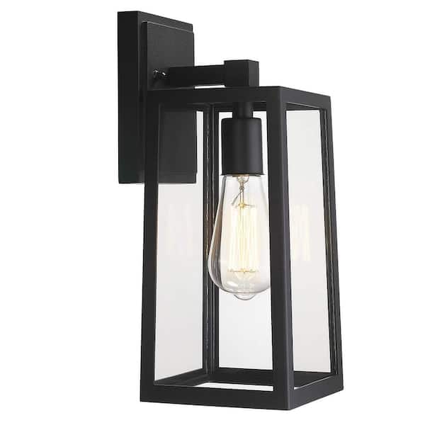 JAZAVA 1-Light Black With Clear Glass Not Solar Hardwired Outdoor Wall Lantern Sconce