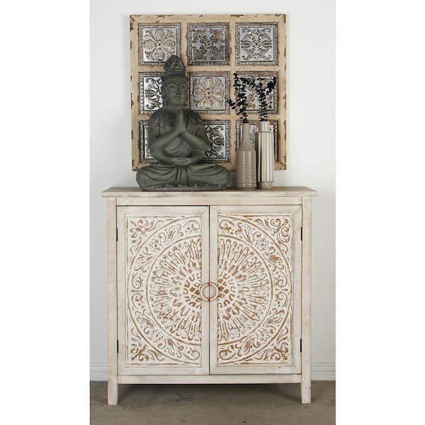 Litton Lane Beige Wood Intricately Carved Shelf and Door Floral Cabinet  22646 The Home Depot