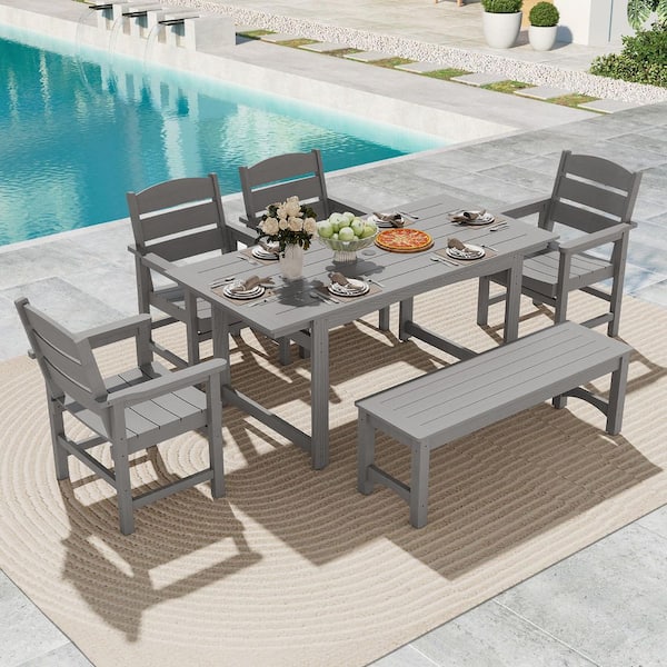 Gray 6-Piece HDPE Plastic Rectangle 30 in. Outdoor Dining Set For 6-Person