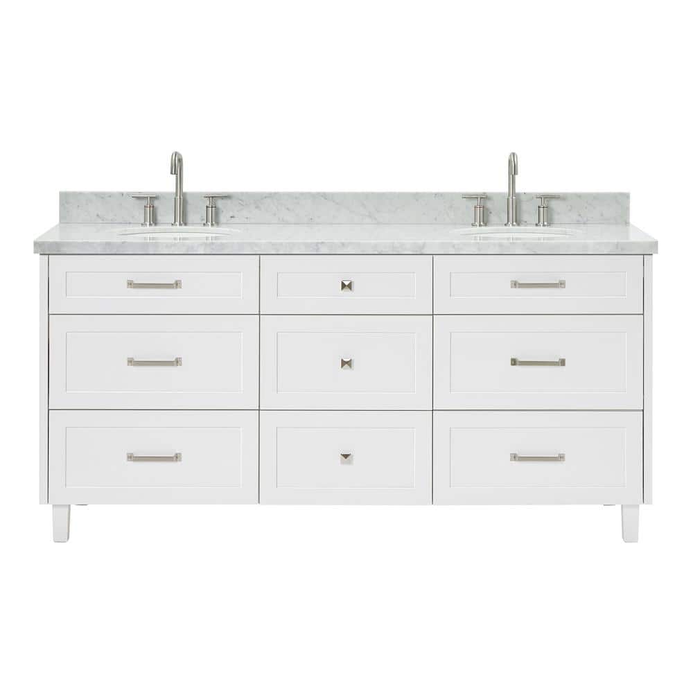 White Double Sink Bathroom Vanity with Carrara Marble Top