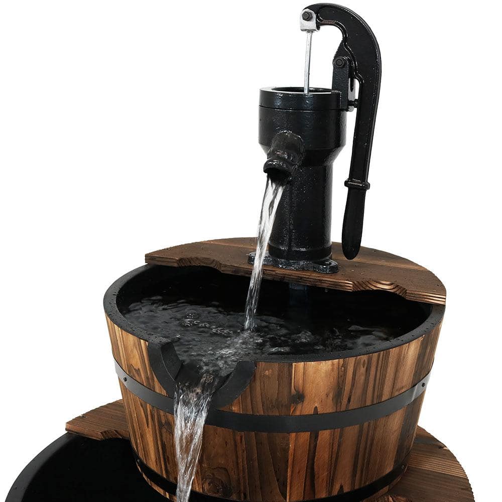 34" Rustic Fir Wood 2-Tier Barrel Water Fountain with Metal Hand Pump