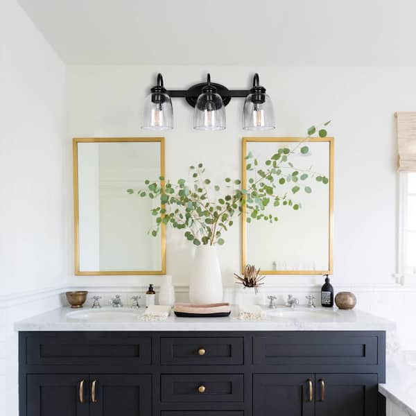 18.89 in. 3-Light Matte Black Modern Bathroom Vanity Light Mirror Wall Light with Black Accents and Seeded Glass Shade